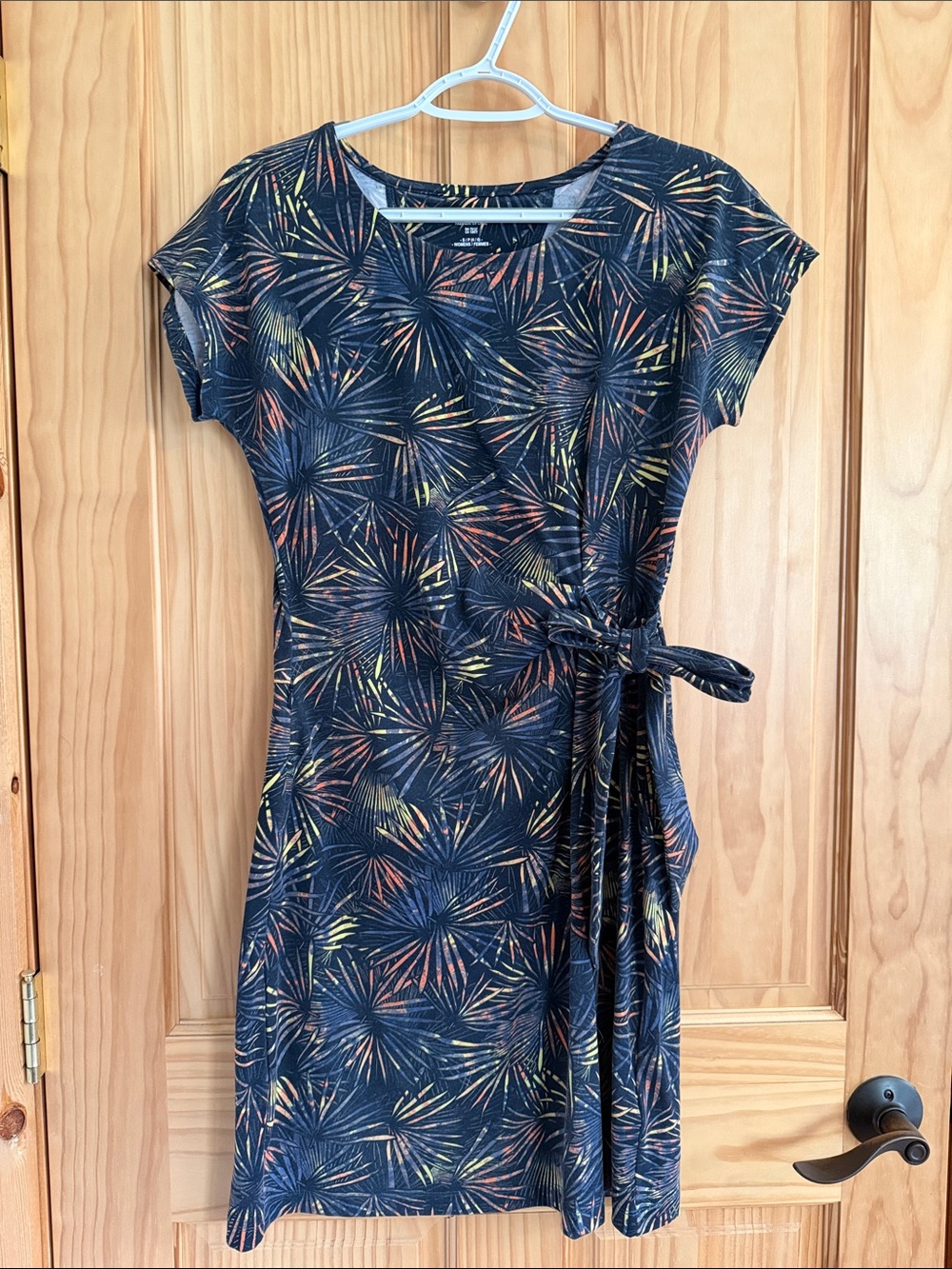 ExOfficio Navy Tie-Waist Midi Dress with Sunset Burst Print